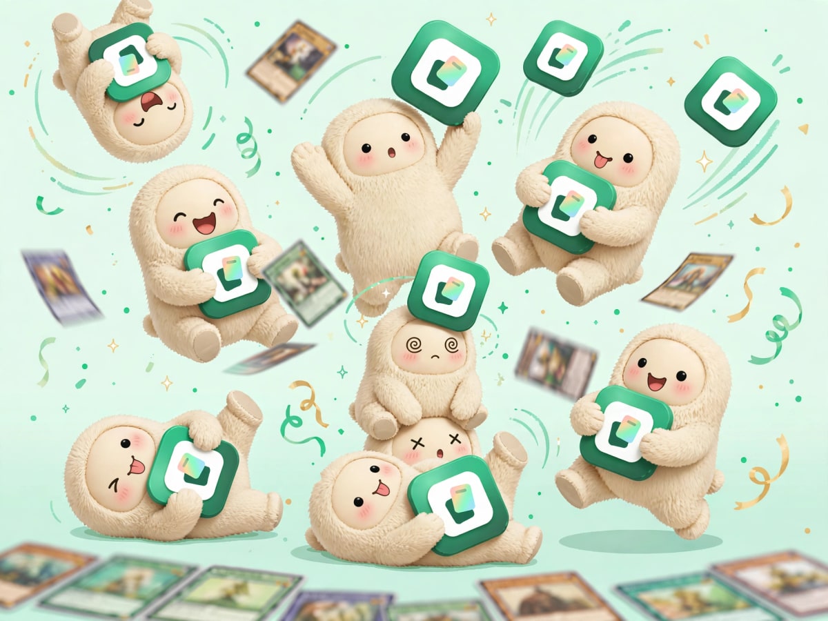 Clody mascots tumbling through the air holding the Clody app icon, with trading cards scattered around them